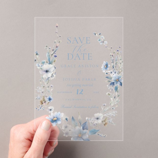 Dusty Blue Floral Spring greenery Wedding Acrylic Invitations (Insitu (Handheld))
