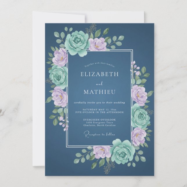 Dusty Blue Floral Spring Wedding Invitation (Front)