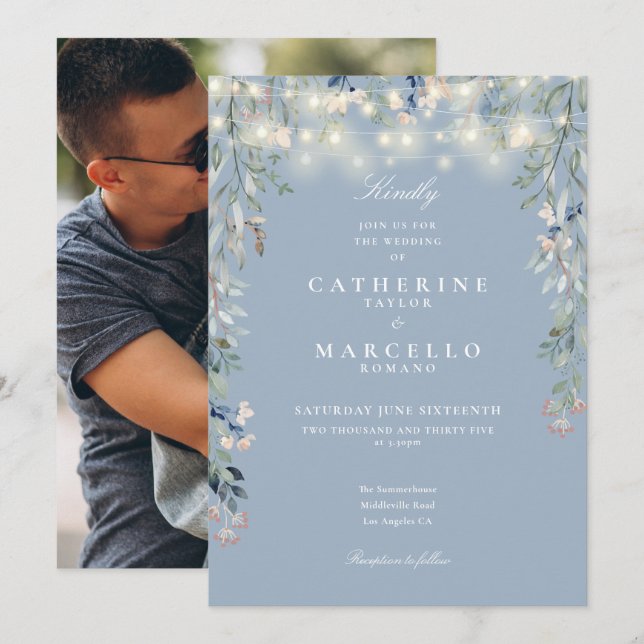 Dusty Blue Floral String Lights Photo Wedding Invitation (Front/Back)