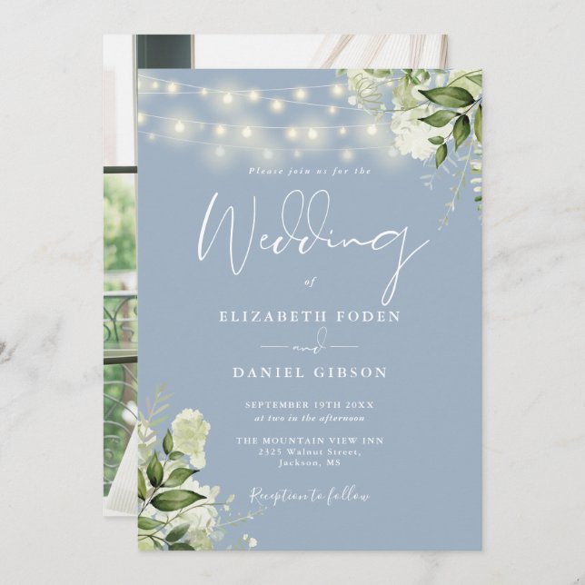 Dusty Blue Floral String Lights Photo Wedding Invitation (Front/Back)