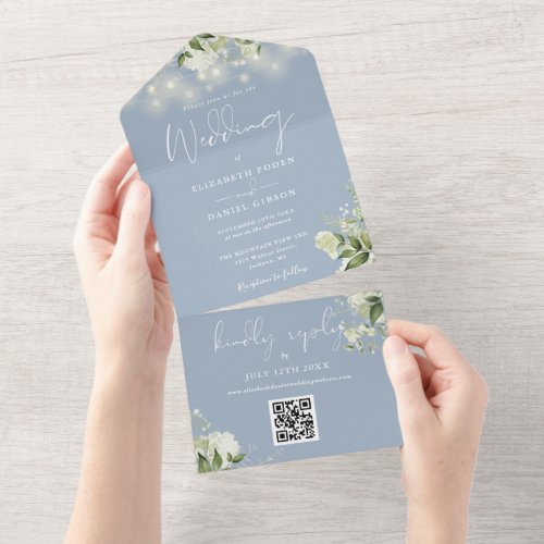 Dusty Blue Floral String Lights QR Code Wedding All In One Invitation