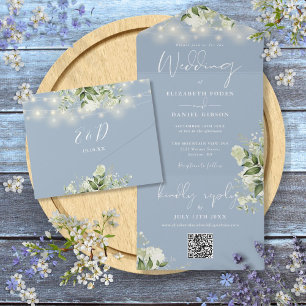 Dusty Blue Floral String Lights QR Code Wedding All In One Invitation