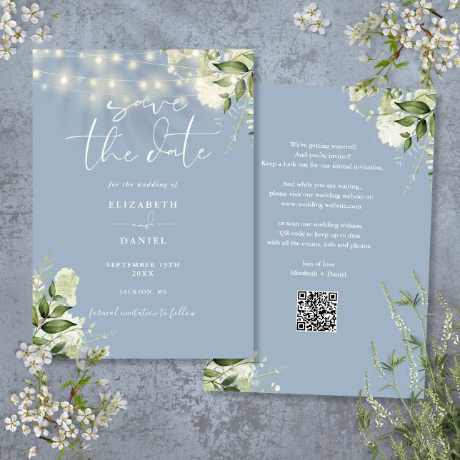 Dusty Blue Floral String Lights QR Code Wedding Save The Date (Dusty Blue Floral String Lights QR Code Wedding Save The Date)