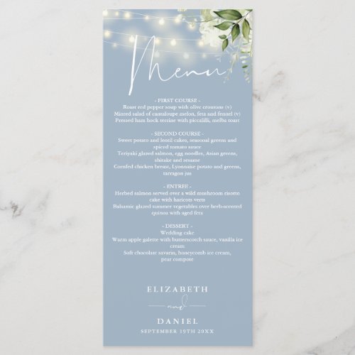 Dusty Blue Floral String Lights Wedding Dinner Menu