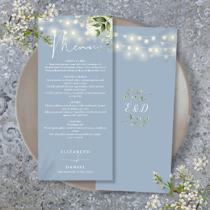 Dusty Blue Floral String Lights Wedding Dinner Menu