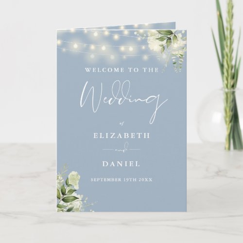 Dusty Blue Floral String Lights Wedding Program
