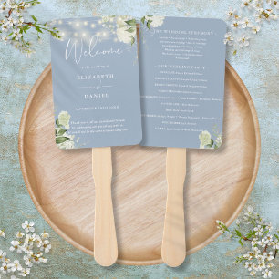 Dusty Blue Floral String Lights Wedding Program Hand Fan