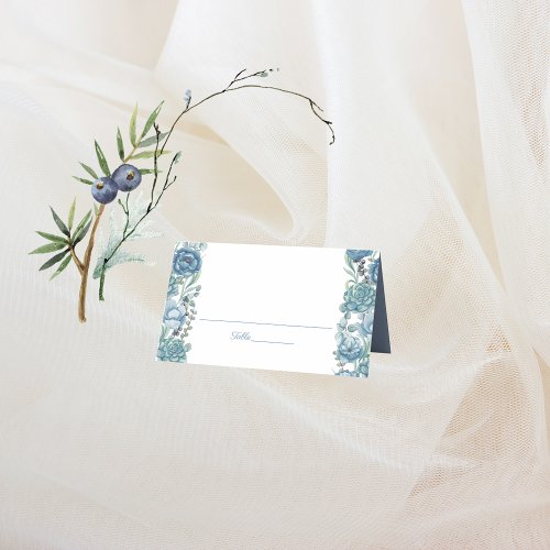 Dusty Blue Floral Succulents Wedding Place Card