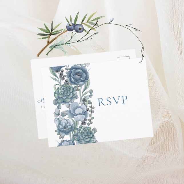 Dusty Blue Floral Succulents Wedding RSVP Invitation Postcard (Creator Uploaded)