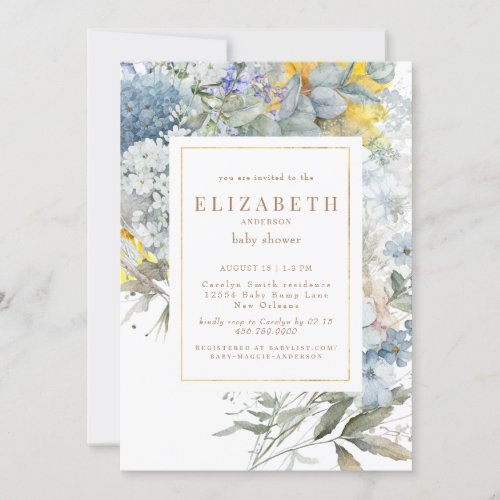 Dusty Blue Floral Sunflower Baby Shower Invitation