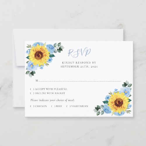 Dusty Blue Floral Sunflower Watercolor Wedding  RSVP Card
