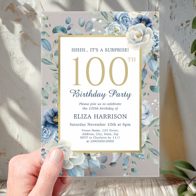 Dusty Blue Floral Surprise 100th Birthday  Acrylic Invitations (Creator Uploaded)