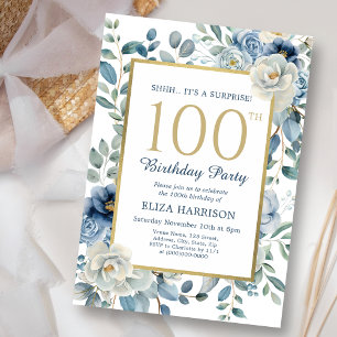 Dusty Blue Floral Surprise 100th Birthday Invitation