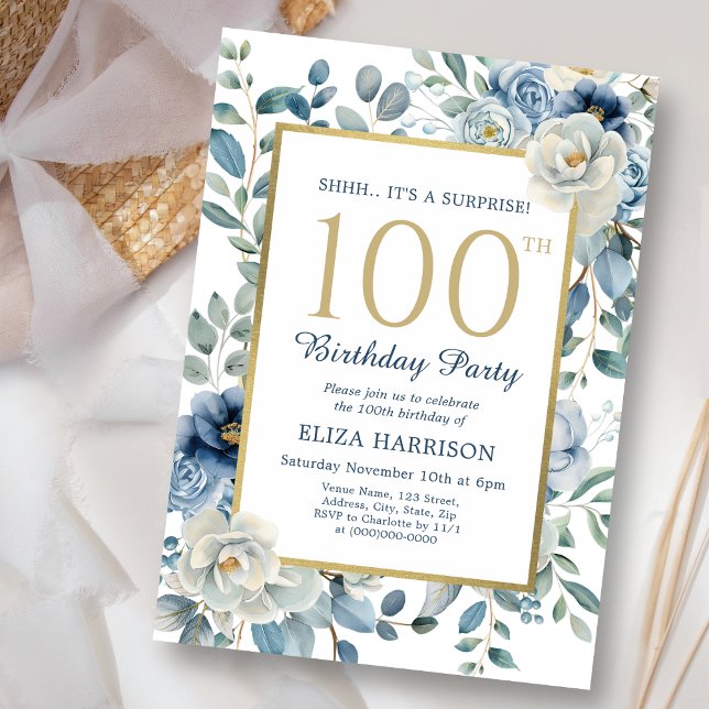 Dusty Blue Floral Surprise 100th Birthday  Invitation (Creator Uploaded)