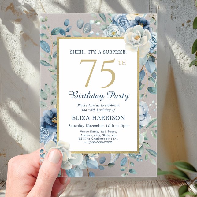 Dusty Blue Floral Surprise 75th Birthday  Acrylic Invitations (Creator Uploaded)