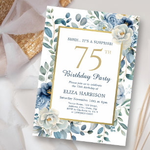 Dusty Blue Floral Surprise 75th Birthday  Invitation
