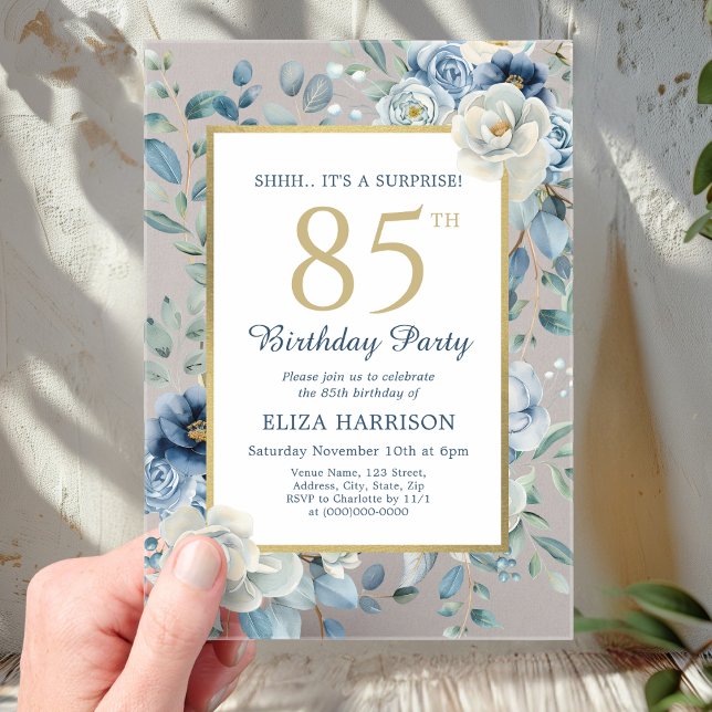 Dusty Blue Floral Surprise 85th Birthday  Acrylic Invitations (Creator Uploaded)