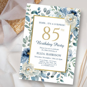 Dusty Blue Floral Surprise 85th Birthday Invitation