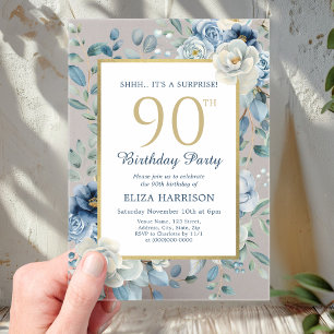 Dusty Blue Floral Surprise 90th Birthday Acrylic Invitations