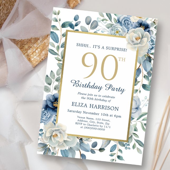 Dusty Blue Floral Surprise 90th Birthday  Invitation (Creator Uploaded)