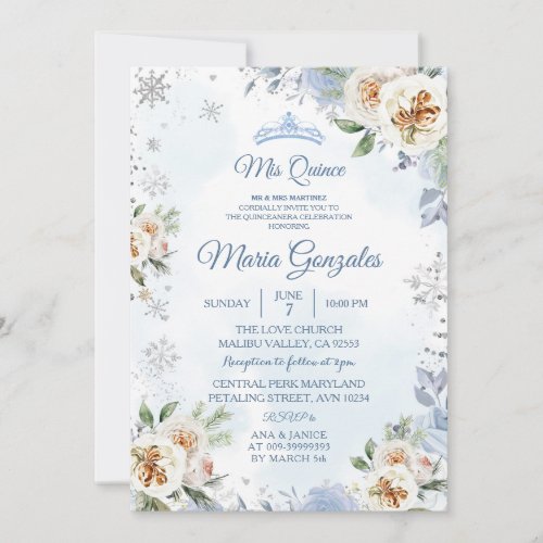 Dusty Blue  Floral Sweet 15th Birthday Invite