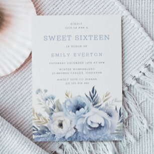Dusty Blue Floral Sweet 16 Sixteen Party Invitation