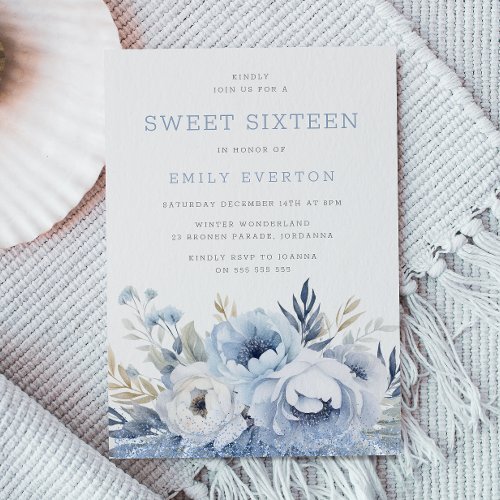 Dusty Blue Floral Sweet 16 Sixteen Party Invitation