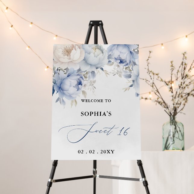 Dusty Blue Floral Sweet 16 Welcome Sign (In Situ (Stand))