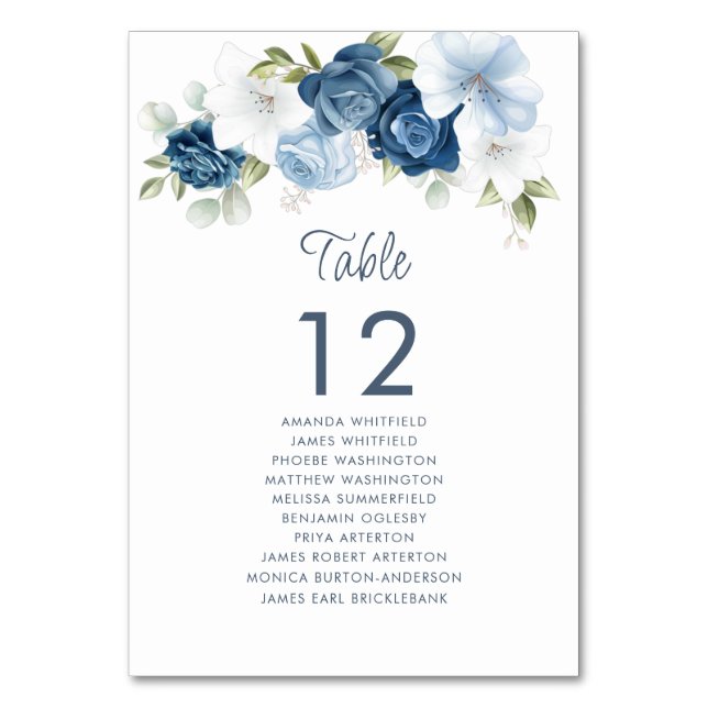 Dusty Blue Floral Table Number 12 Wedding Seating (Front)
