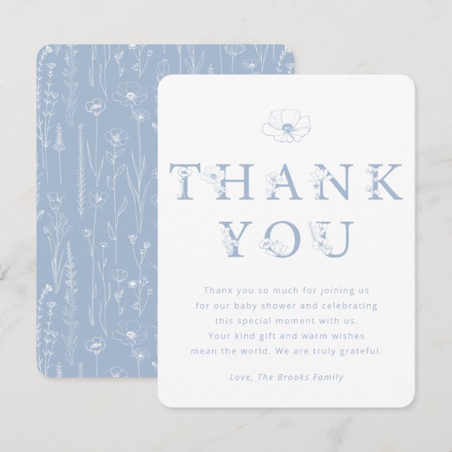 Dusty Blue Floral Thank You Card | Baby Shower (Front/Back)