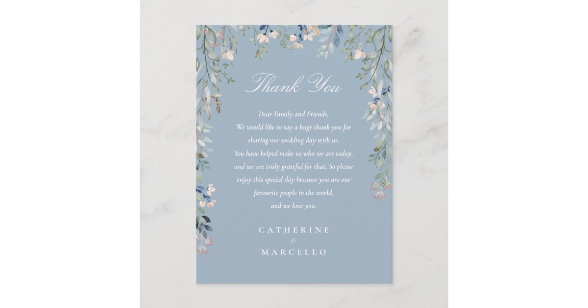 Dusty Blue Floral Thank You Wedding Place Card | Zazzle