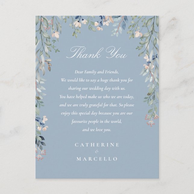 Dusty Blue Floral Thank You Wedding Place Card (Front)