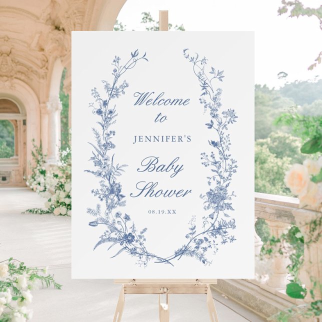 Dusty Blue Floral Toile Baby Shower Welcome Sign (Creator Uploaded)