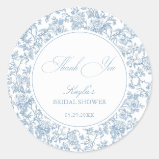 Dusty Blue Floral Toile Bridal Shower Thank You Classic Round Sticker