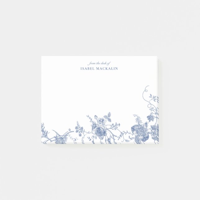 Dusty Blue Floral Toile Chinoiserie Personalized Post-it Notes (Front)