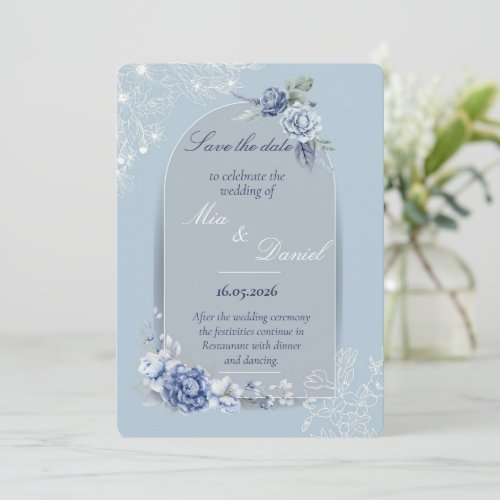 Dusty Blue Floral Toile Save the Date Card