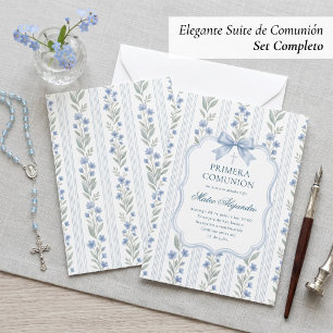 Dusty Blue Floral Toile   Spanish Primera Comunion Invitation