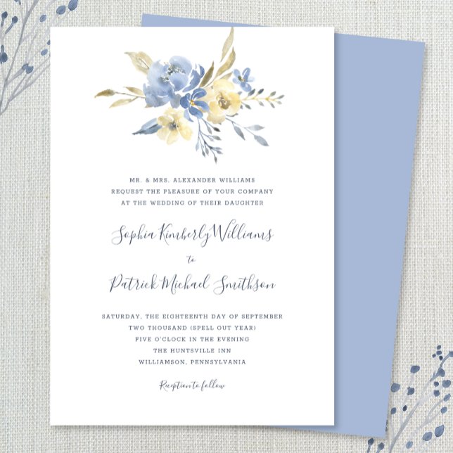 Dusty Blue Floral + traditional wording wedding Invitation (Creator Uploaded)