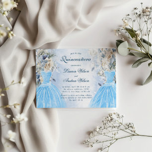 Dusty Blue Floral Twins Quinceañera Invitation