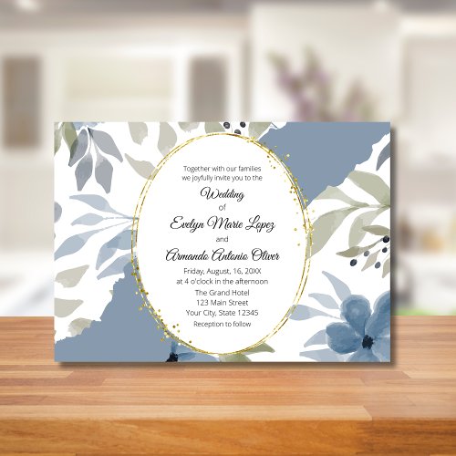 Dusty Blue Floral Unique Ripped Paper Wedding Invitation