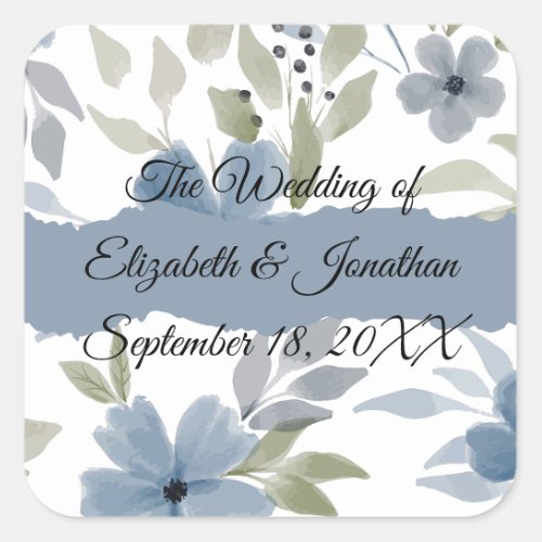 Dusty Blue Floral Unique Ripped Paper Wedding Square Sticker