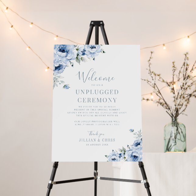 dusty blue floral unplugged ceremony sign (In Situ (Stand))