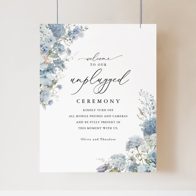 dusty blue floral unplugged wedding sign (Dusty blue watercolor unplugged wedding sign, elegant floral ceremony decor, classic wedding)