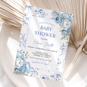 Dusty Blue Floral Vintage Chinoiserie Baby Shower  Invitation
