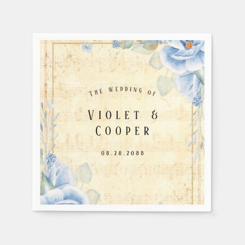 Dusty Blue Floral Vintage Music Wedding Napkins