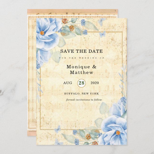 Dusty Blue Floral Vintage Musical Save The Date Invitation (Front/Back)