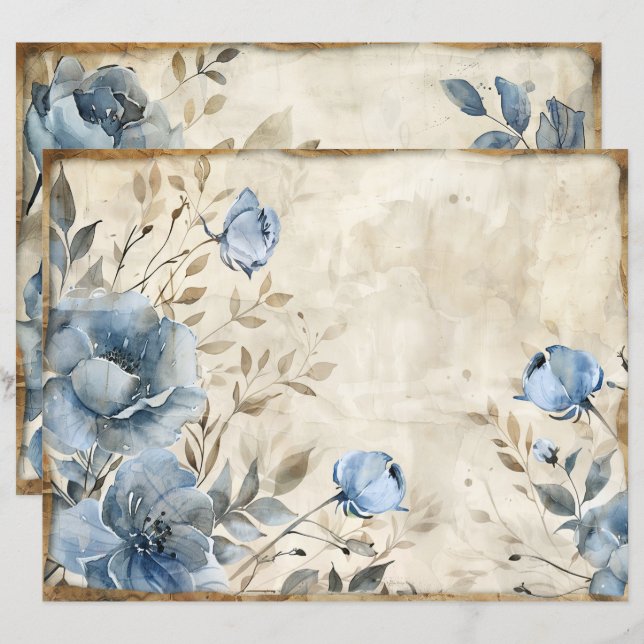 Dusty Blue Floral Vintage Scrapbook Paper (Front/Back)