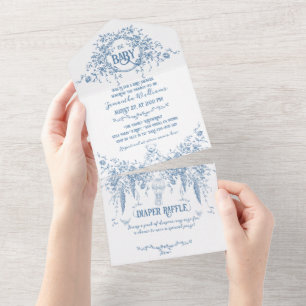 Dusty Blue Floral Vintage Teddy Bear Baby Shower All In One Invitation