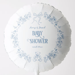 Dusty Blue Floral Vintage Teddy Bear Baby Shower Balloon