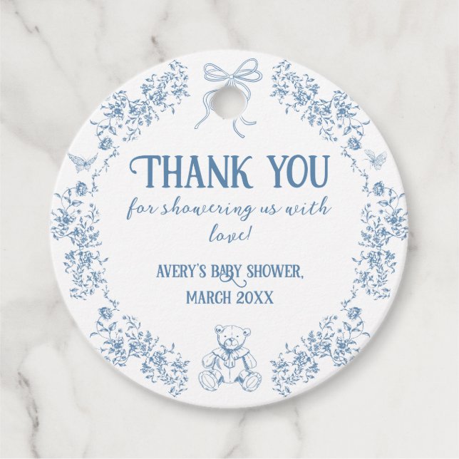 Dusty Blue Floral Vintage Teddy Bear Baby Shower Favor Tags (Front)